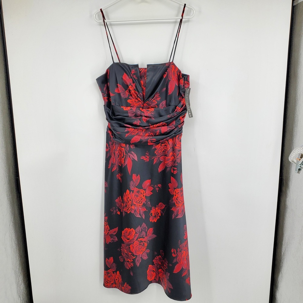 Vintage NWT Madison Leigh Y2K Red Dark Floral Satin Whimsigoth Draped Dress 14